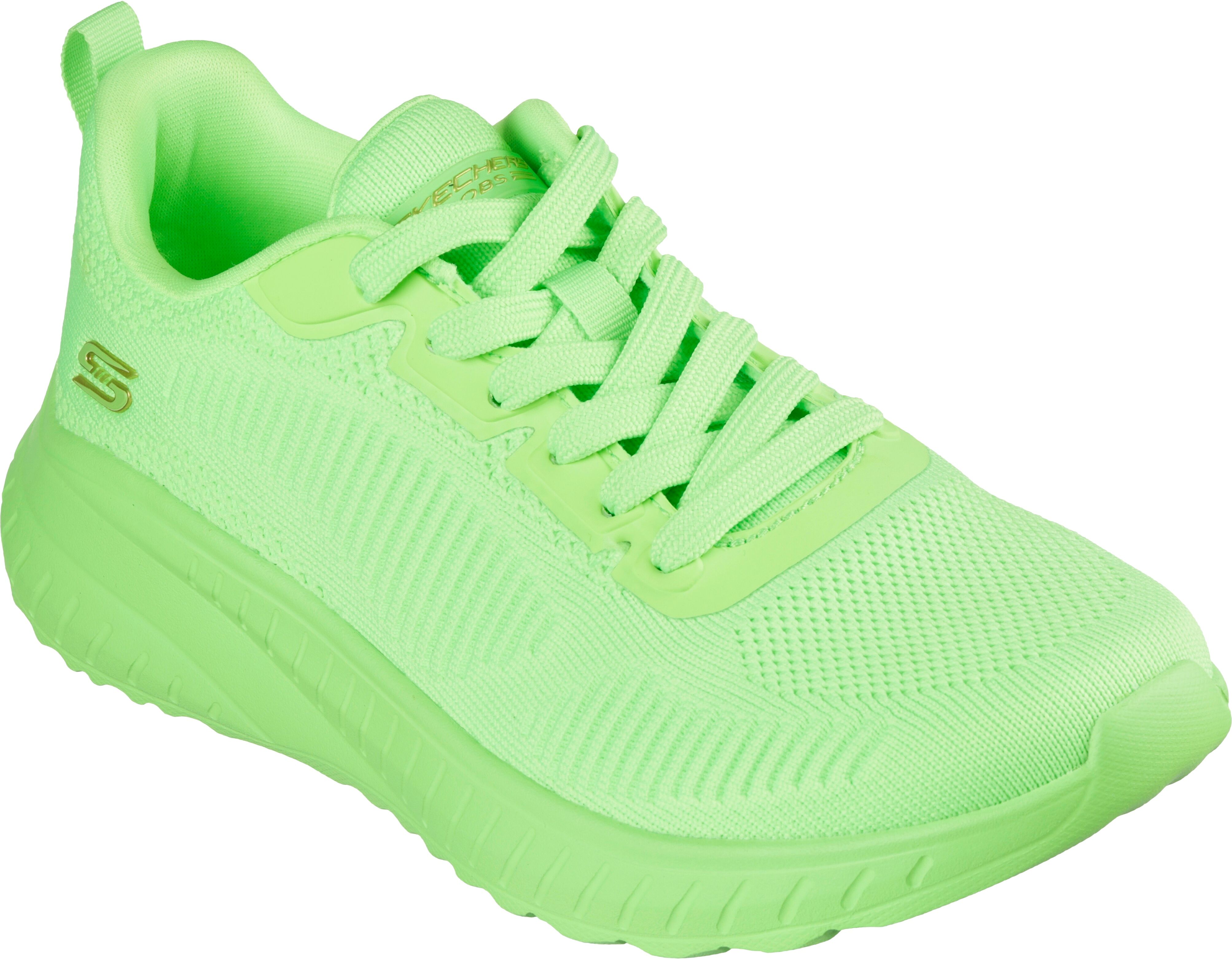 Sneaker SKECHERS "BOBS SQUAD CHAOS-COOL RYTHMS", Damen, Gr. 35, Textil, grün (neongrün lime), unifarben, Schuhe Sneaker, Knitwear-Sneaker, Schnürschuh in veganer Verarbeitung neongrün lime 35, Textil