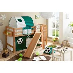 TiCAA Hochbett mit Rutsche Podestbett "Tino" Buche Natur Motiv, teilbar mit Farbauswahl