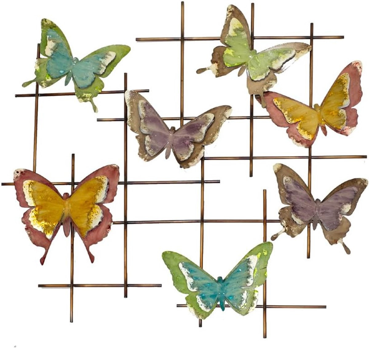 Decoratief metalen wandbord met meerkleurig vlindermotief, 67 x 61 cm