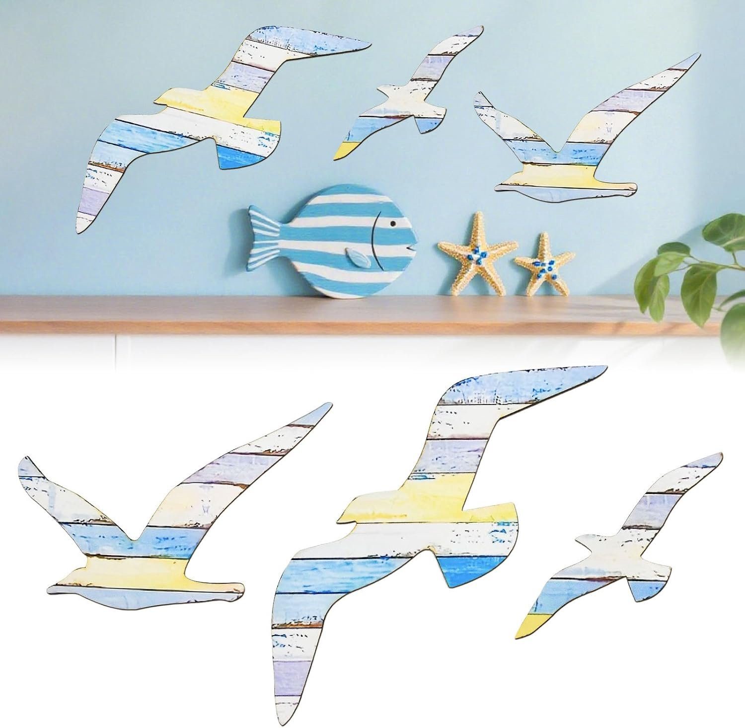 Set van 3 houten meeuwen wanddecoraties in retro maritieme stijl