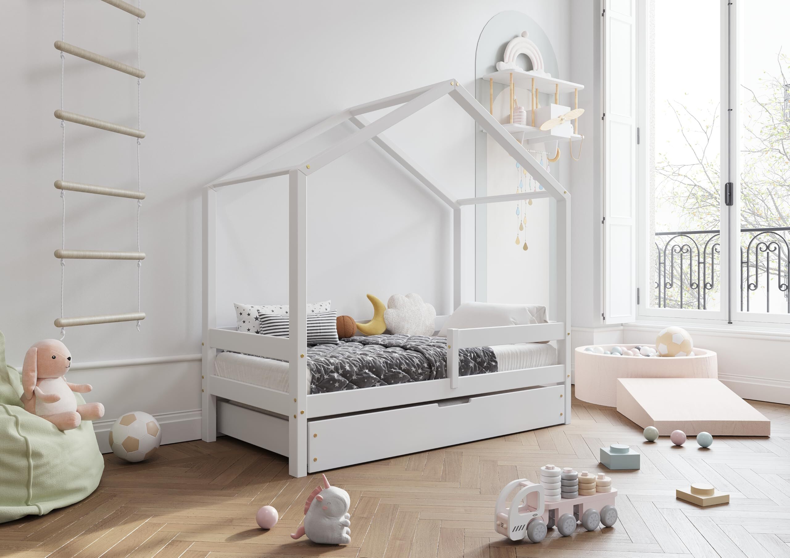 TIMBEE HUFIE Box Hausbett Kinderbett Holz Kinderzimmer Bett - Weiß - 80x160cm