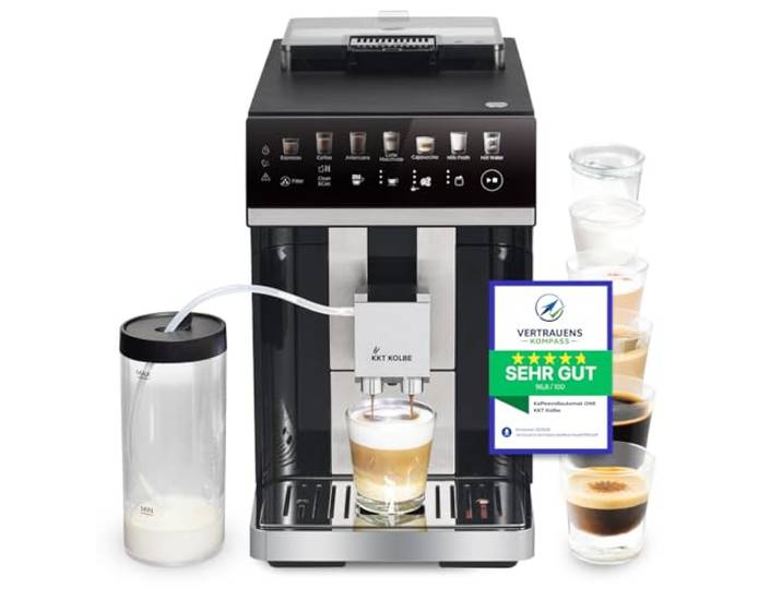 KKT KOLBE One Kaffeevollautomat mit Milchbehälter, Milchschaumdüse und Zubehör, 2 Tassen Funktion, 15 Bar, 7-stufiges Mahlwerk, Touchscreen, Automatische Reinigung, 7 Getränke, schwarz silber