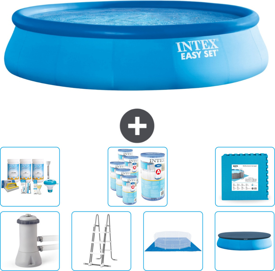 Intex runder aufblasbarer Easy Set-Schwimmpool - 457 x 107 cm - Blau - inklusive Pumpe - Leiter - Bodenplane - Abdeckung Wartungspaket - Filter - Bodenfliesen