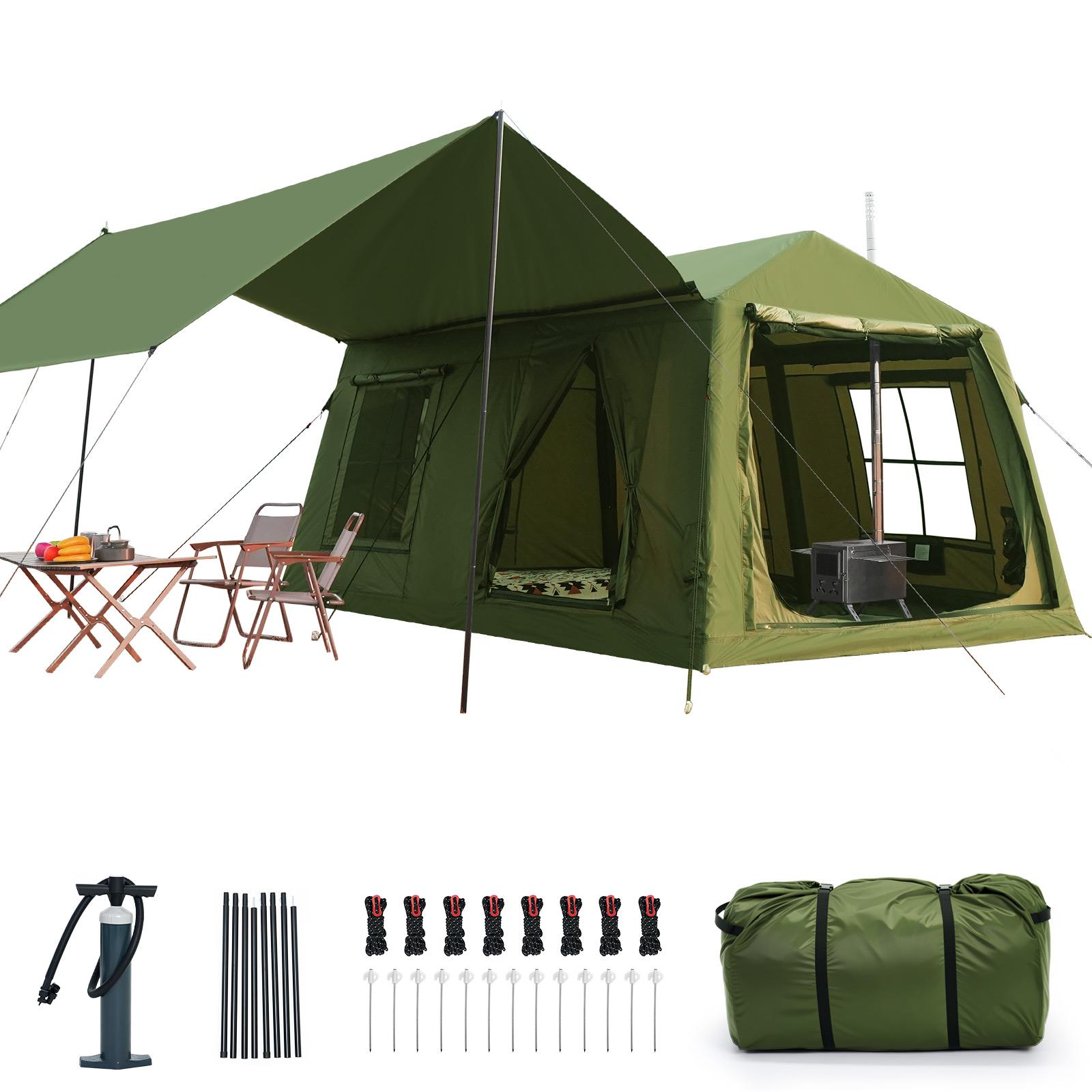 Meulbaty aufblasbares Campingzelt 400x270x200cm für 6-10 Personen - 420D Oxford, wasserdicht PU3000, UPF50+, Ofenbuchse, 5 Min Schnellaufbau