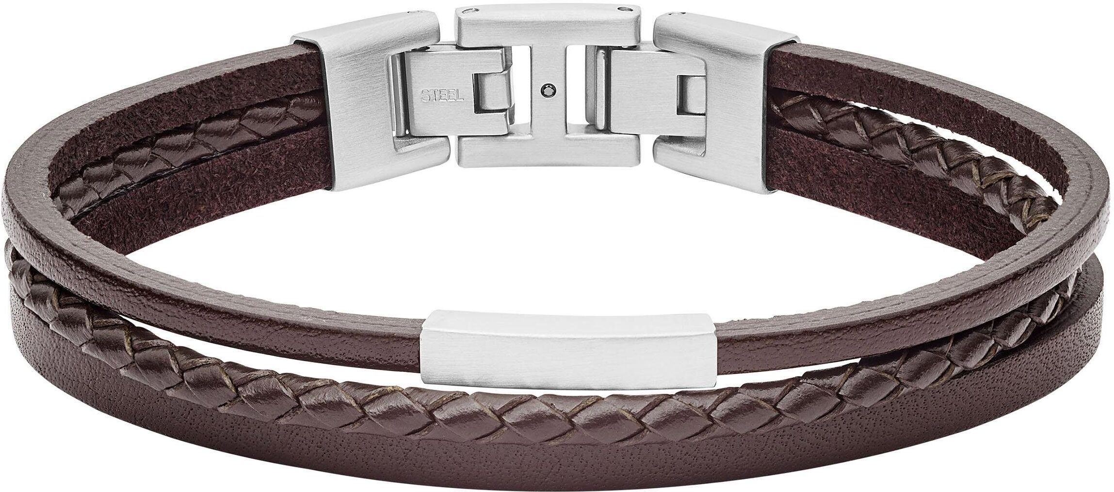 Armband FOSSIL "Schmuck Geschenk Edelstahl Leder VINTAGE CASUAL", braun (edelstahlfarben, braun), Armbänder, Damen, 19,5cm, Edelstahl Leder, Edelstahl, Leder, Armband