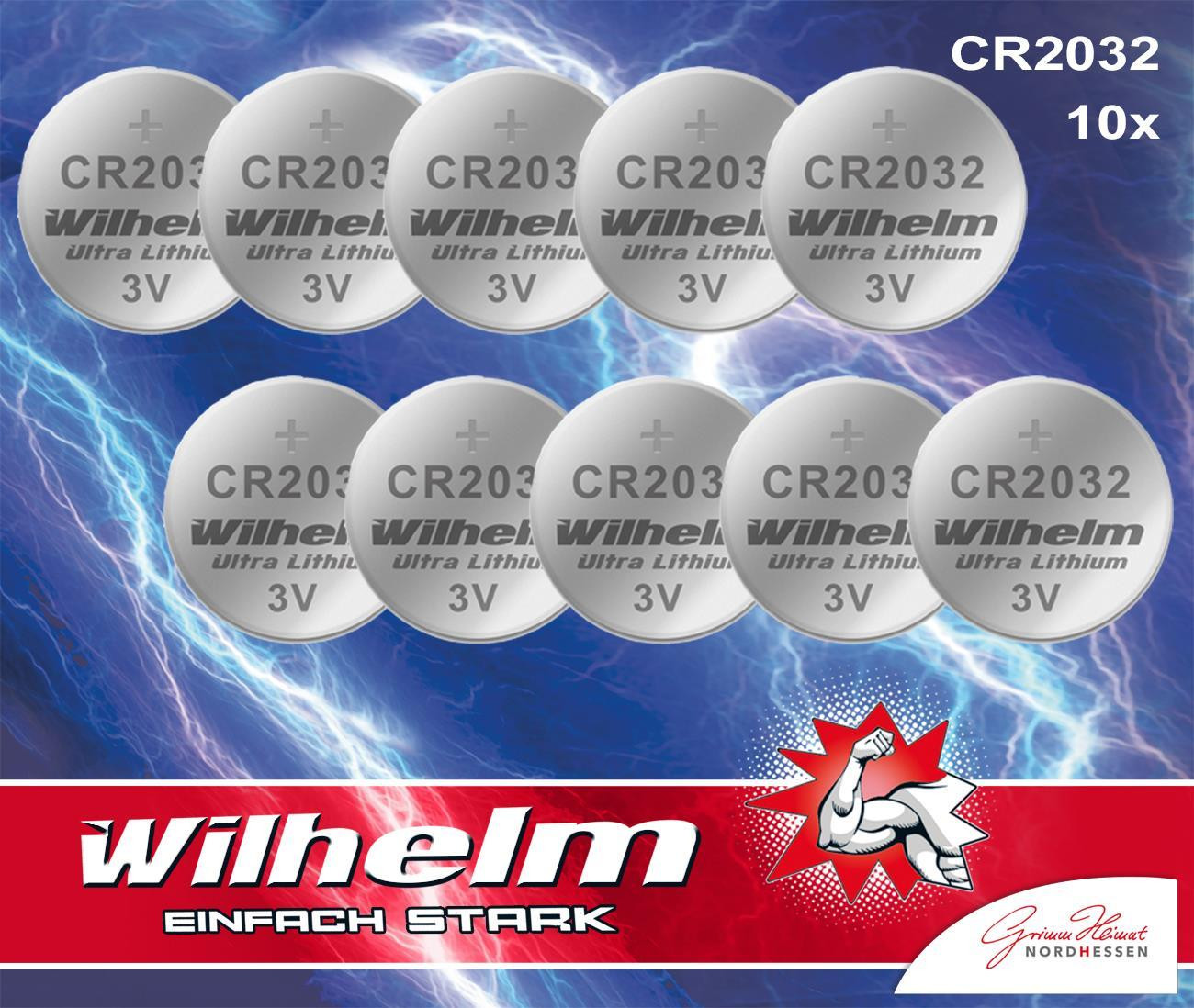 10 x Wilhelm CR2032 knopcel batterij, lithium, 3V