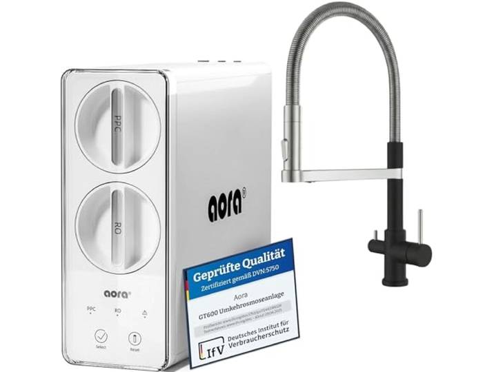 AORA GT600 Umkehrosmoseanlage Untertisch – tankloser Trinkwasserfilter – 8 Stufen Filtration RO System – 3-Wege-Armatur – 3 Sekunden Filterwechsel – Osmoseanlage reines Wasser STATEMENT Schwarz