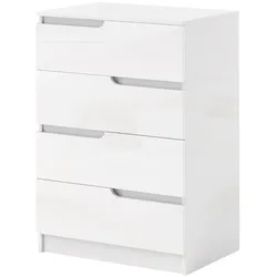 MODFU Kommode Holz Weiß 60x40x85 cm, 4 Schubladen, Hochglanz, Melaminbeschichtung, Kippschutz