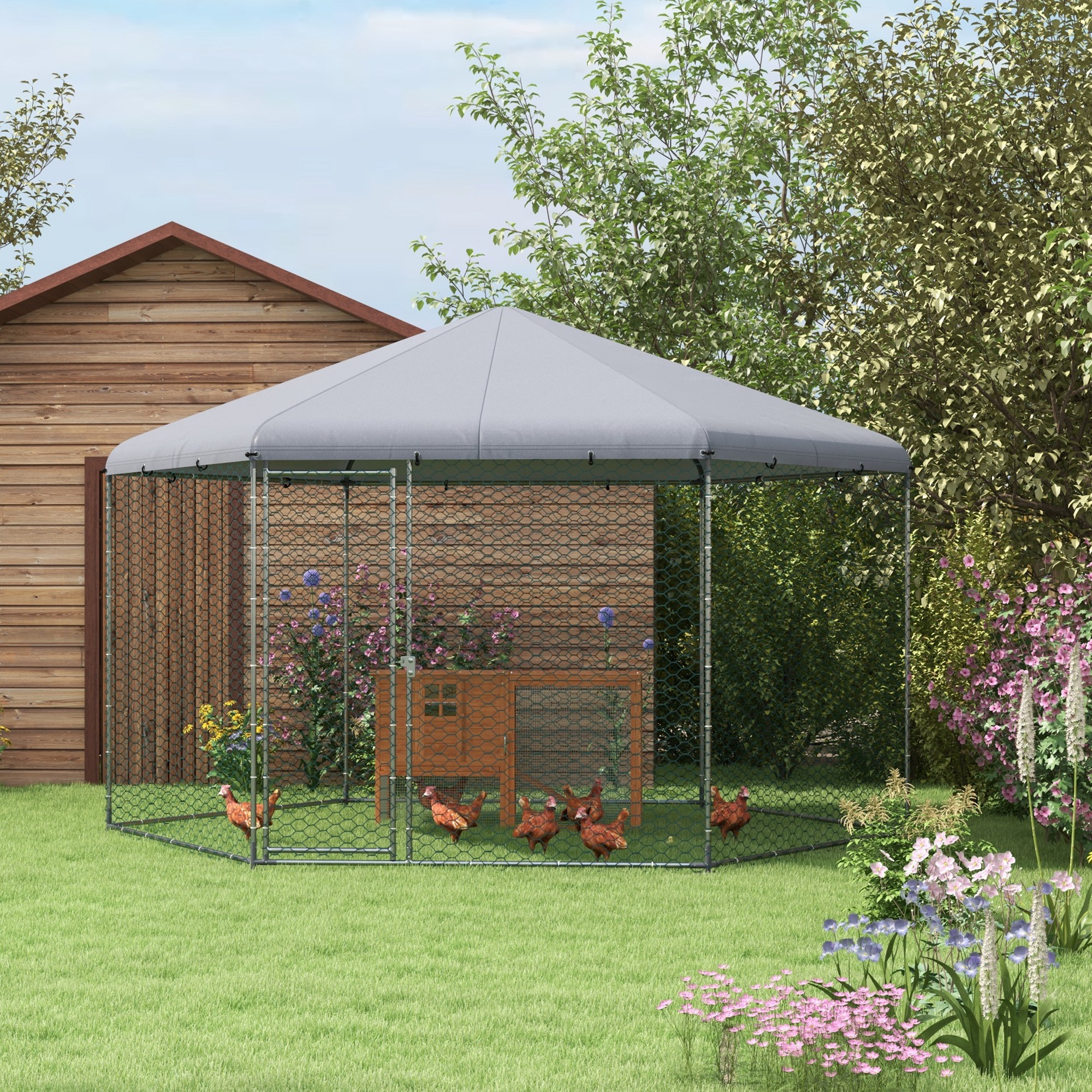 Pawhut Recinto per Galline con Tetto e Porta Bloccabile in Acciaio per 10-15 Animali, 4x3.5x2.6m