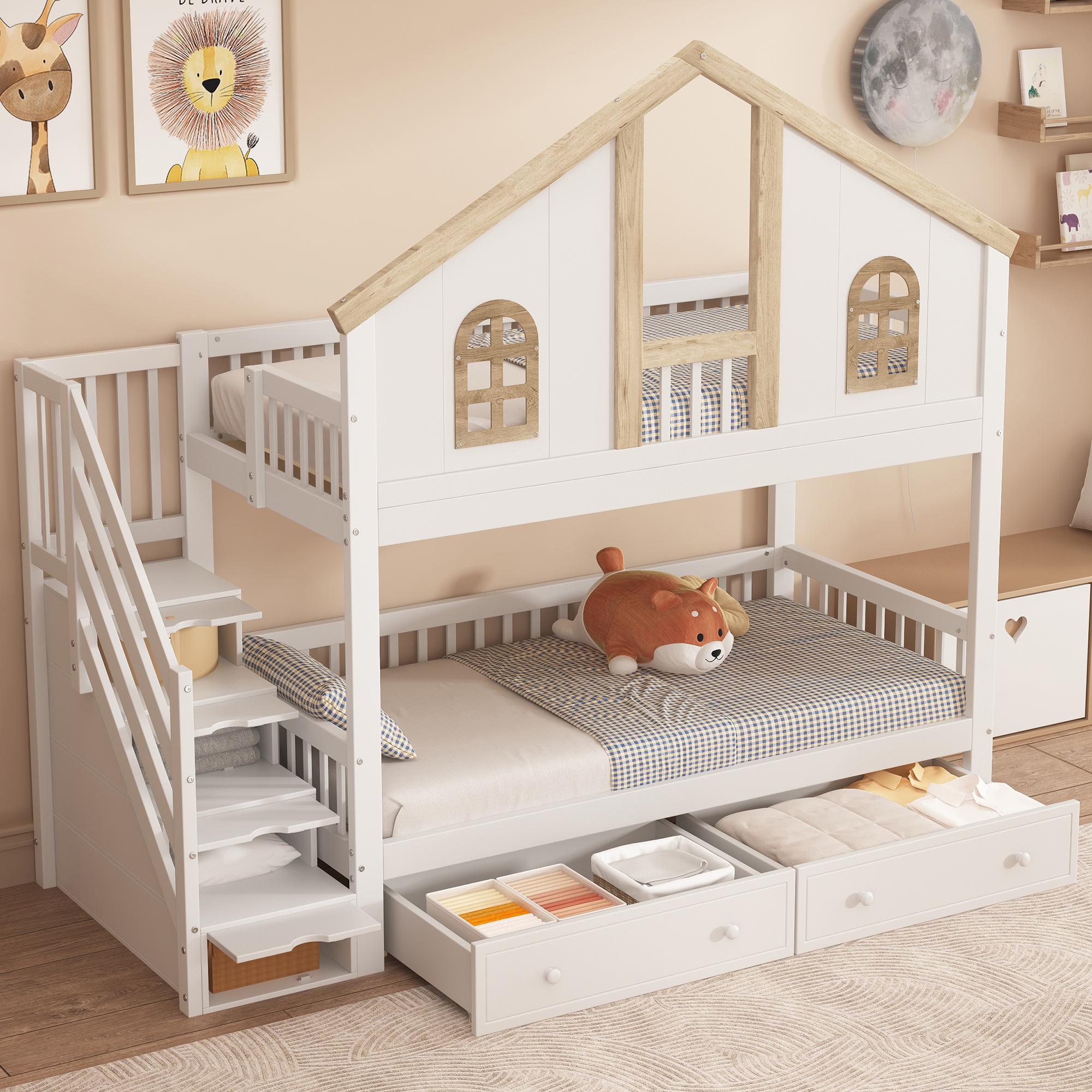 STILVORA Etagenbett 90x200 mit Schubladen&Stauraumtreppe,Kinderbett mit Dach&Fenster,Bettgestell mit Fallschutzgitter,MDF,Weiß(mit Matratze)