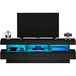 Merax 160 cm Schwarzer Hochglanz-TV-Ständer mit 3 Glasablagen, LED-Beleuchtung, App-Steuerung, Bluetooth-Konnektivität für 70-Zoll-Fernseher