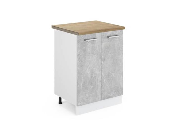 Vicco Küchenunterschrank R-Line, Beton, 60 cm 2 Türen · Arbeitsplatte Eiche · Höhenverst. Füße · 1 Einlegeboden · Frei kombinierbar
