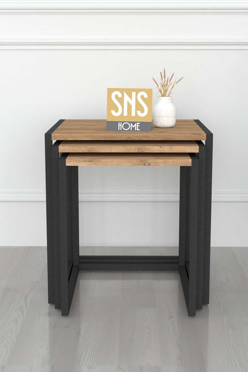 SNS Home Set van 3 Metalen Nesttafels - Salontafels - Pijnboom