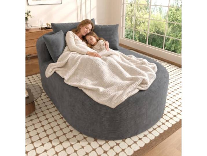 Relaxsessel oval aus Cordstoff，Boneless Couch mit Schlaffunktion，Cloud Sofa 122cm Komprimierter Einzelsessel，Chaiselongue mit 3 Kissen，haustierfreundlicher Sessel für Wohnzimmer und Schlafzimmer