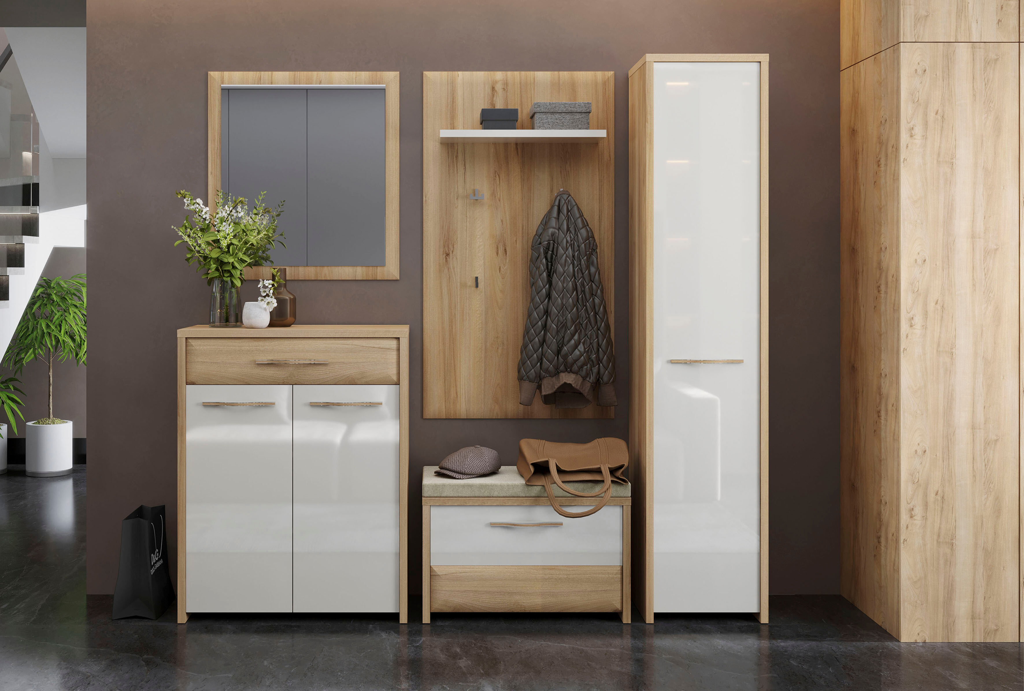 Garderoben-Set GOODPRODUCT "Gala", beige (beige hg, pacific walnuss decor), B:189cm H:192cm T:36cm, Holzwerkstoff, MDF, Kastenmöbel-Sets, Garderoben-Set, Soft-Close Funktion, Hochglanz UV lackiert beige hg, pacific walnuss decor B/H/T: 189cmcm x 192cmcm x
