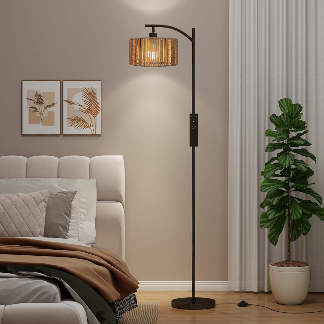 17 Stories Tarick LED Floor Lamp with Dimmable, Standing Reading Light with Paper Rope Lampshade, Remote Control 159cm H X 25cm W X 25cm D