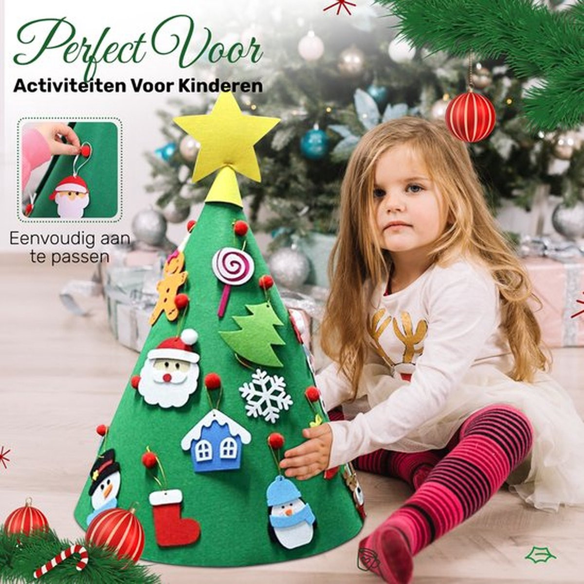 Vilten Kerstboom voor kinderen met klittenband versieringen en lichtjes - 70 cm