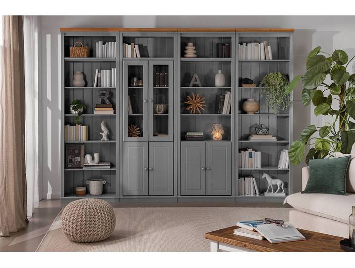 Bibliothèque massive G Pin massif verni Gris/Pin gris/Pin couleur miel 296 x 223 x 37cm