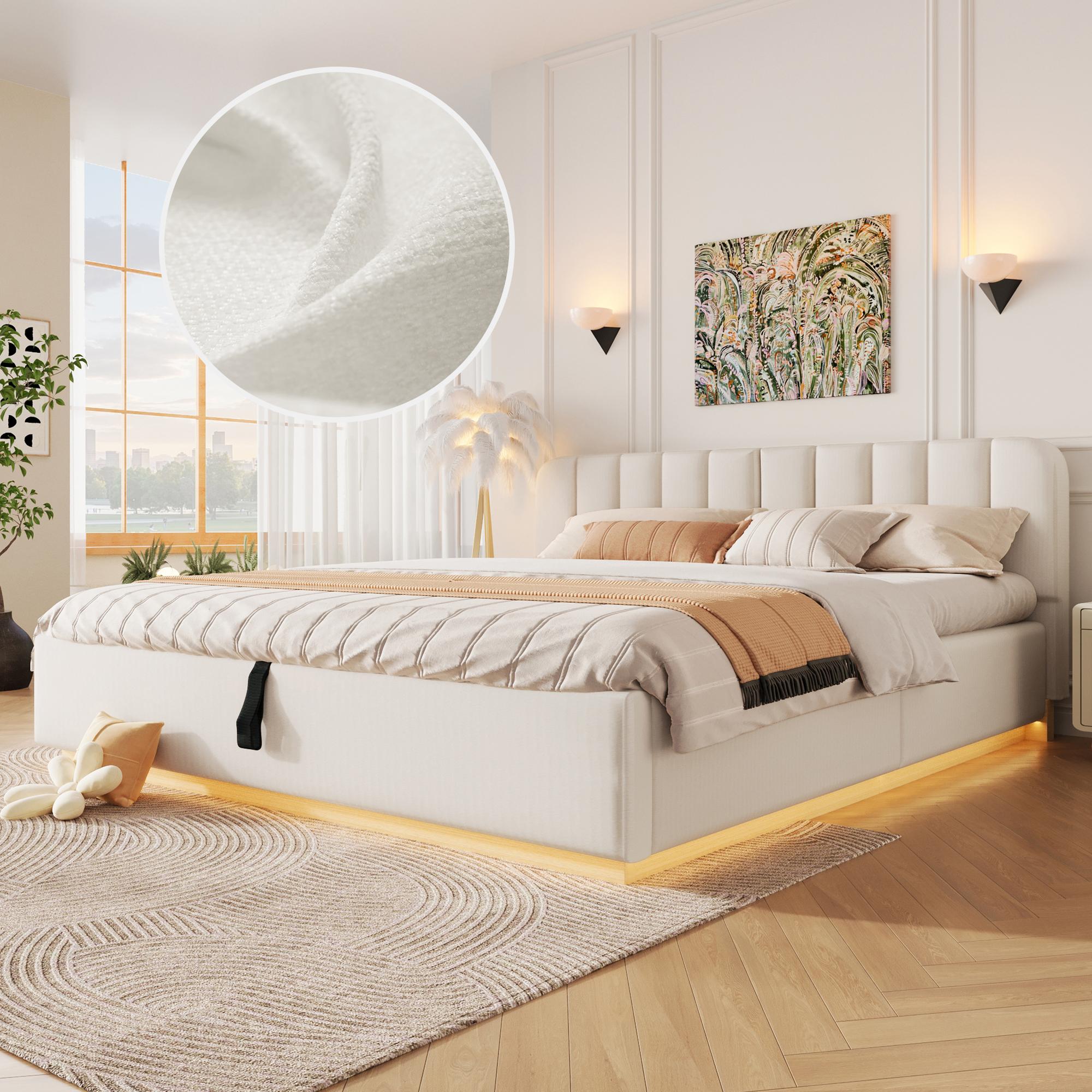 Polsterbett, Doppelbett, 180 x 200 cm, mit Lattenrost, Kopfteil, gepolstertem Kopfteil, hydraulischer Lagerung, LED-Lichtleiste, ohne Matratze, Beige Chenille