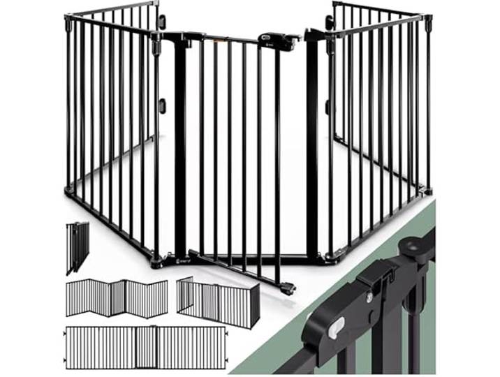 CASARIA® Metalen Haardscherm Veiligheidsdeur Kinderslot Inklapbaar 306x76cm Kachelhek Haardhek Hond Baby Zwart
