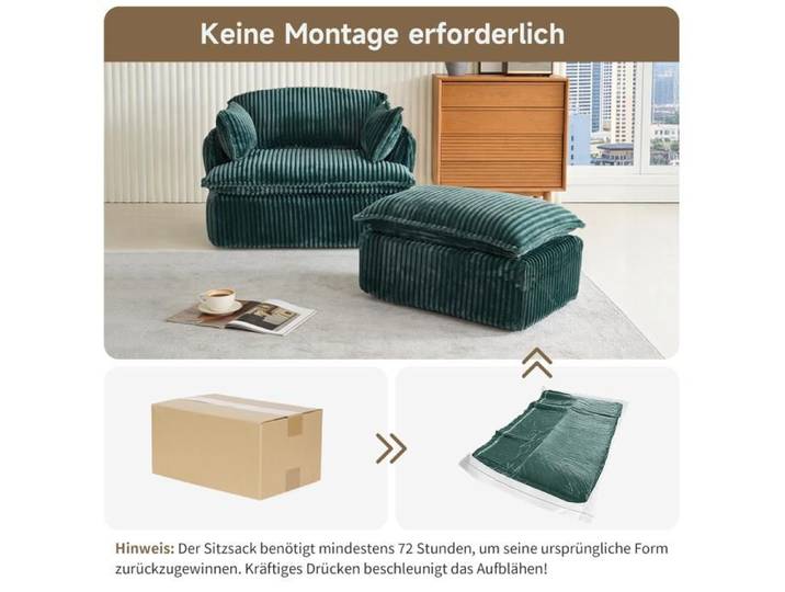 Fauteuil compressé vert foncé en tissu avec pouf velours côtelé sans montage