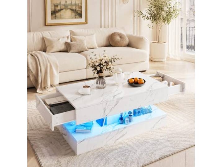 Couchtisch mit Stauraum, Marmoroptik Wohnzimmertisch mit Schubladen (Weiß) Große Ablagefläche, offene Fächer und Schubladen für praktische Ordnung, elegantes Design für moderne Wohnräume