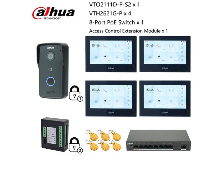 Dahua Peugeot interphone vidéo IP contrôle 2 serrures, VTO2111D-P-S2 & VTH2621G-P & commutateur PoE, soutien SIP, prise en charge RFID carte déverrouiller