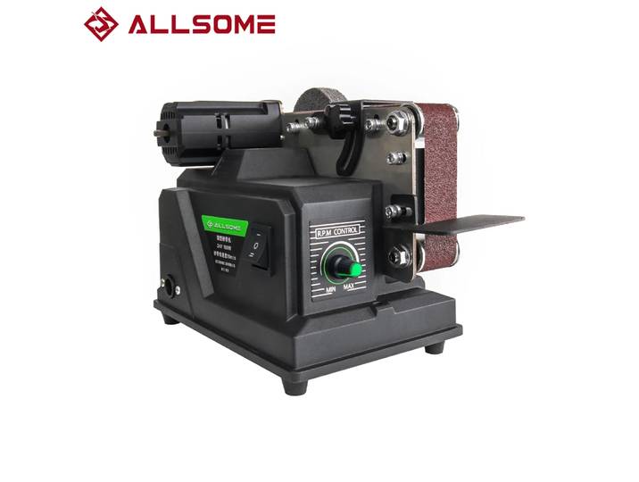 Allsome 180W ponceuse électrique, Mini ponceuse à bande avec 10 bandes abrasives 533*30mm compatibles avec batterie Makita 18V et AC 220V