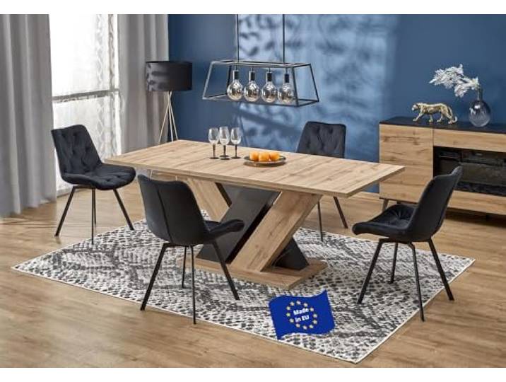 Design Esstisch HAB-111 Eiche Artisan / Schwarz Hochglanz ausziehbar 160 cm bis 200 cm Esszimmertisch für bis zu 10 Personen Hochglanz Funktionstisch modern vielseitig Esszimmer erweiterbar zeitlos