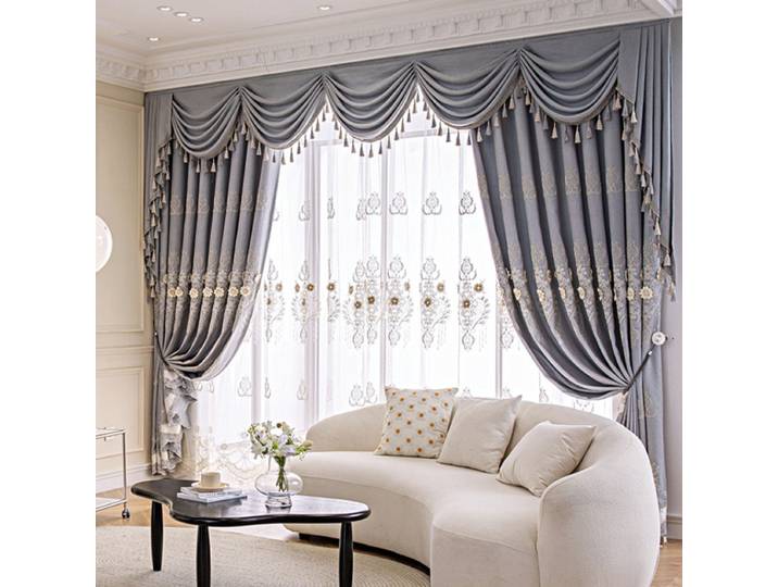 Rideaux de luxe européens en chenille brodée grise pour salon, occultants pour chambre à coucher, décor de fenêtre gaufré, tulle blanc