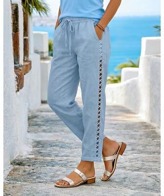 LightInthebox Women's Linen-feel Pants Casual Pants Summer Pants Pants Trousers Vacation Basic Casual Daily Full Length Medium Waist Plain Drawstring Side Pockets Cut Out Breathability Comfortable Breathable