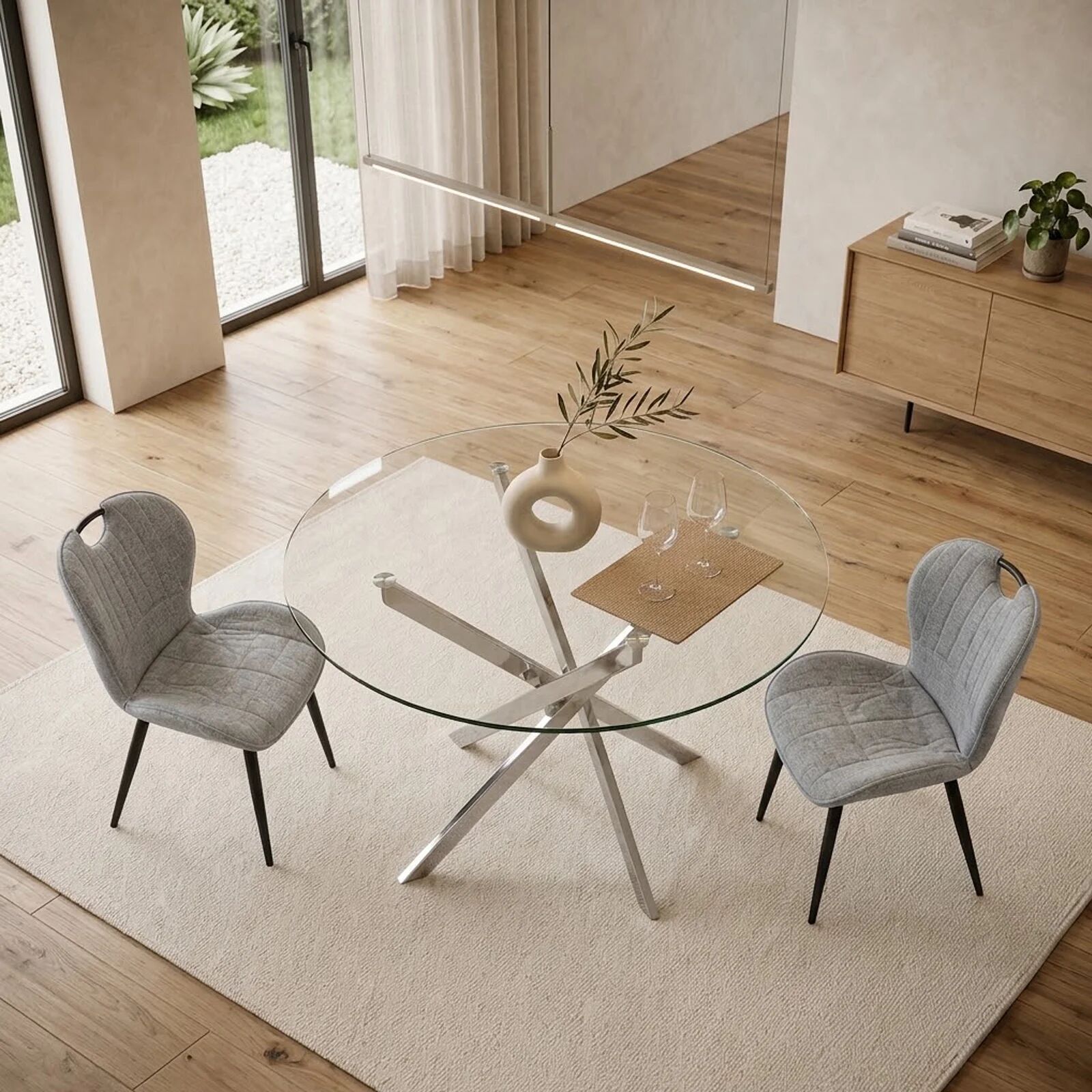 garneroarredamenti Tavolo in vetro 100x100cm rotondo da pranzo acciaio cromato Minerva Gihome®