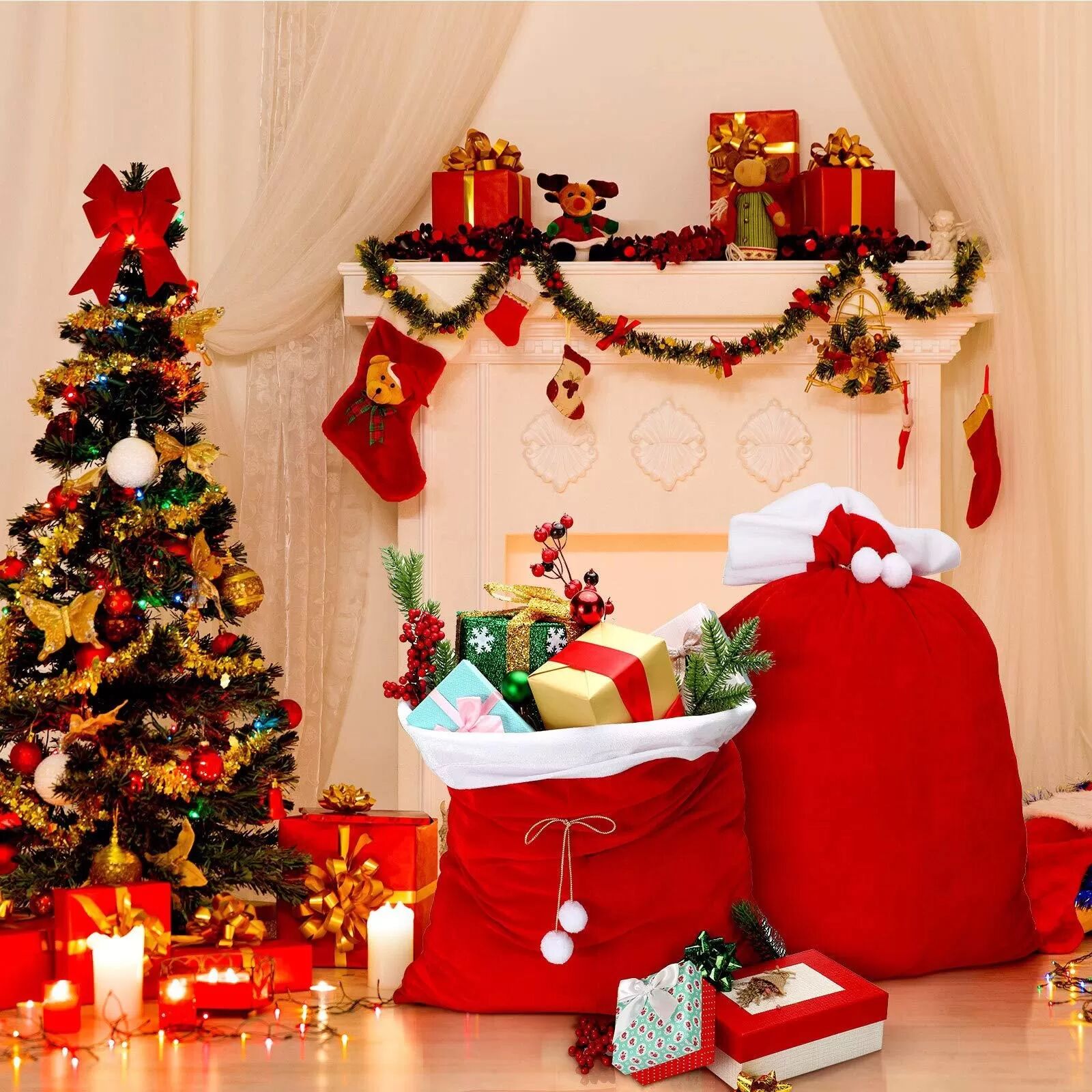 INF Grand Sac à Dos Père Noël 70x50cm - Sac Cadeau de Noël en Velours & Décoration Festive