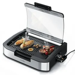 Arendo Gourmet Tischgrill mit Glasabdeckung - Elektrogrill - Barbecue - für Steaks, Würstchen, Fisch, Meeresfrüchte, Gemüse, Pilze u.v.m.