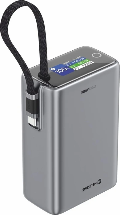 Swissten 25.000 mAh Reise-Powerbank mit integriertem Kabel, Grau