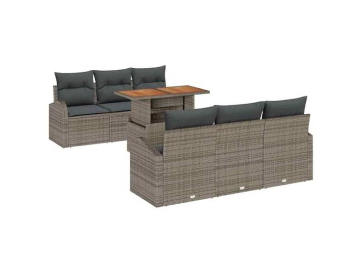 ZQQLVOO Garten-Sofa-Set 7 STK. Grau mit Tisch aus Akazienholz und Kissen Poly-Rattan, pulverbeschichteter Stahl, 4 Armlehnenstühle, 2 Sitzgelegenheiten, Stauraum, stapelbar, abnehmbare Bezüge