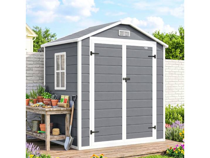 Outsunny Abri Jardin Résine 2,12m² Gris 2 Portes Fenêtre