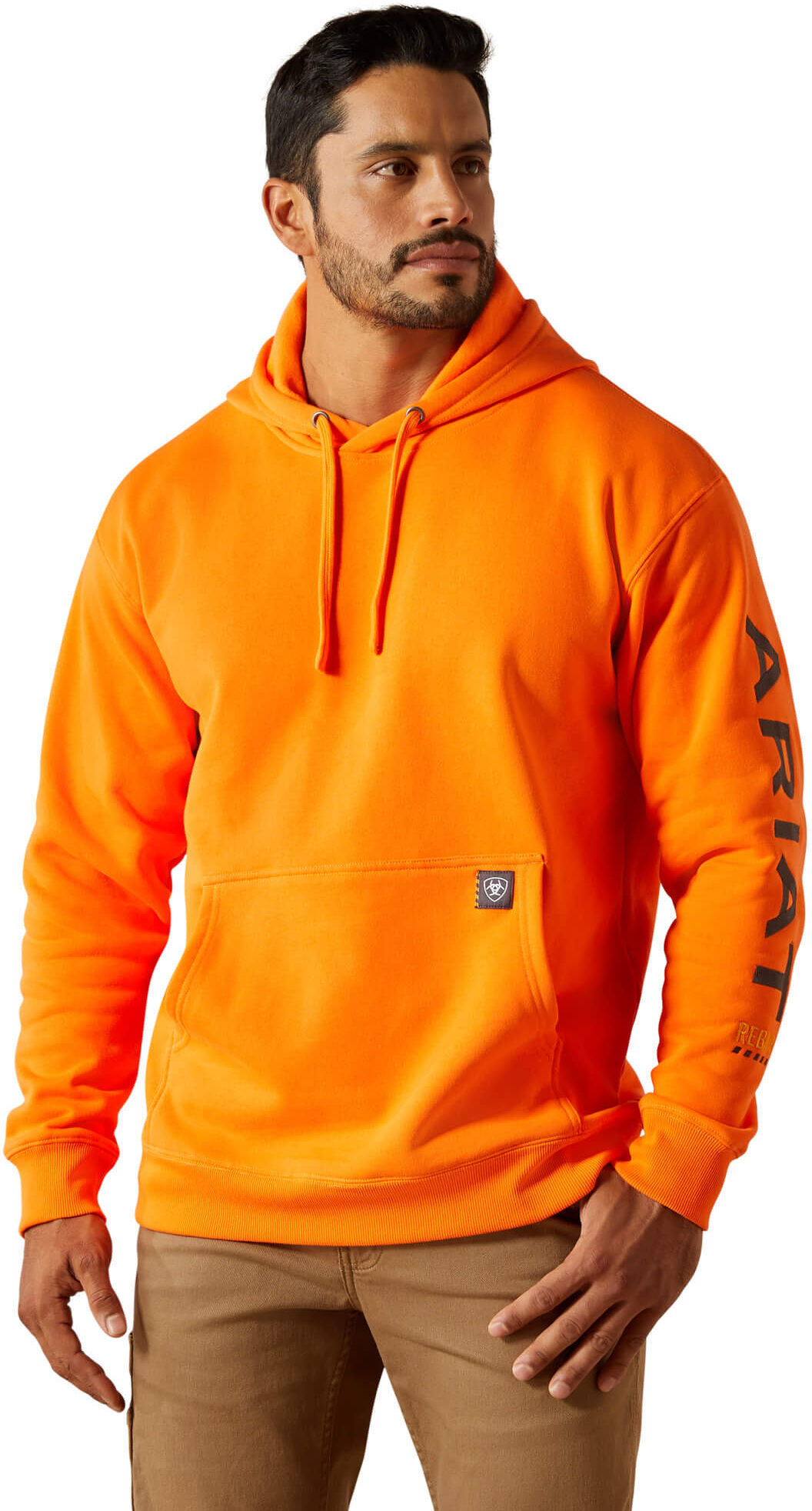 Men's Rebar Graphic Hoodie in Safety Orange Grey, Size: Large by Ariat