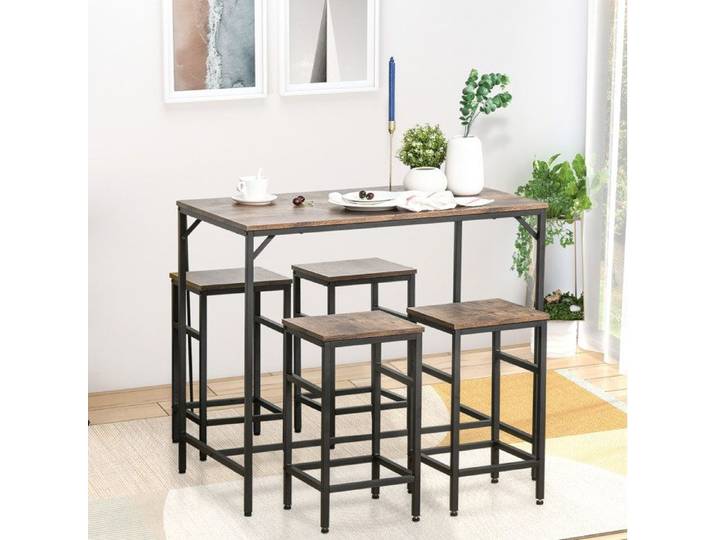 Set table haute 5 pieces avec 4 tabourets style industriel brun rustique et noir 100x60x88 cm