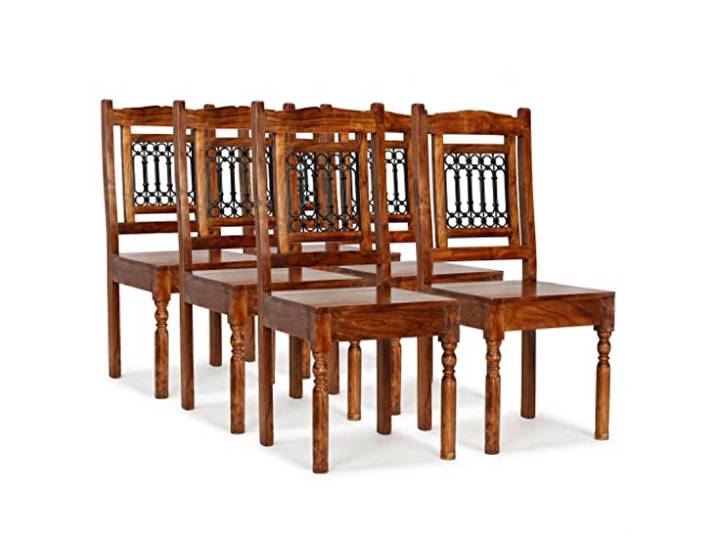 KUTYWEXFM Esszimmerstühle 6er Set Massivholz Akazie Braun 43x43x100cm Rustikale Küchenstühle aus Echtholz mit gusseisernen Elementen für Esszimmer und Küche. Pflegeleicht und stabil.