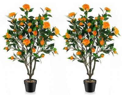 Costway 40 Inch Artificial Camellia Tree with 37 Flowers and River Stones in Pot-2 Pack