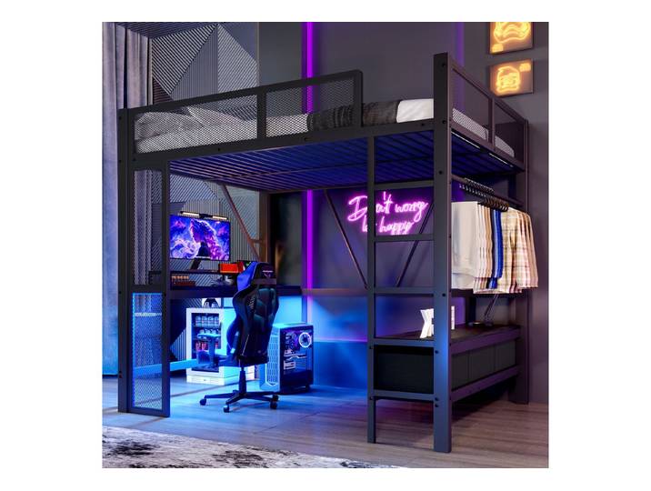 MODFU Hochbett Funktionsbett Stauraumbett Kinderbett (mit LED, USB & Schreibtisch – Kinderzimmer Hochbett mit Schubladen & offenem Kleiderschrank, 1-St., 140x200cm)