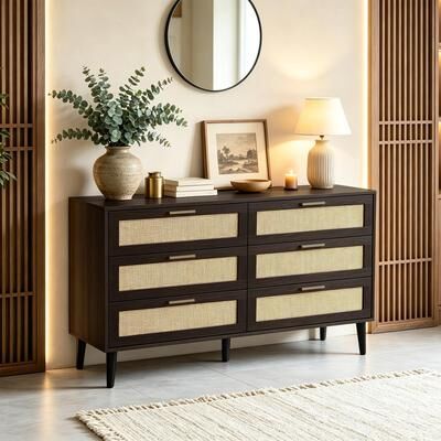 Lumibee Modern Solid Wood Chest of Drawers Dresser with 6 Storage Rattan Drawers