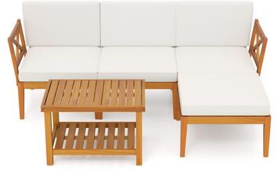 Costway 5 Pieces Acacia Wood Patio Furniture Set with 2-Tier Coffee Table and Cushions-White