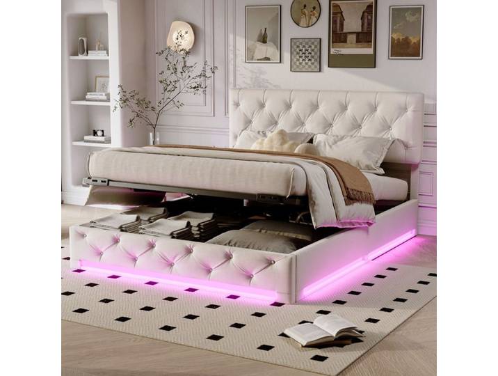 Lit Coffre 160x200 avec Sommier Lit Double avec Hydraulique Rangement Cadre de lit avec Sommier à Lattes Rivets en Lin Beige