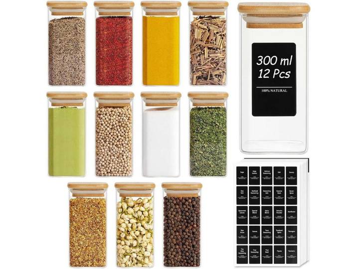 Gewürzgläser 12-teiliges Set 300 ml Glas mit Holzdeckel, Mehrfarbig, 6x12.6x6 cm, Küchenzubehör, Vorratsbehälter, Gewürzgläser