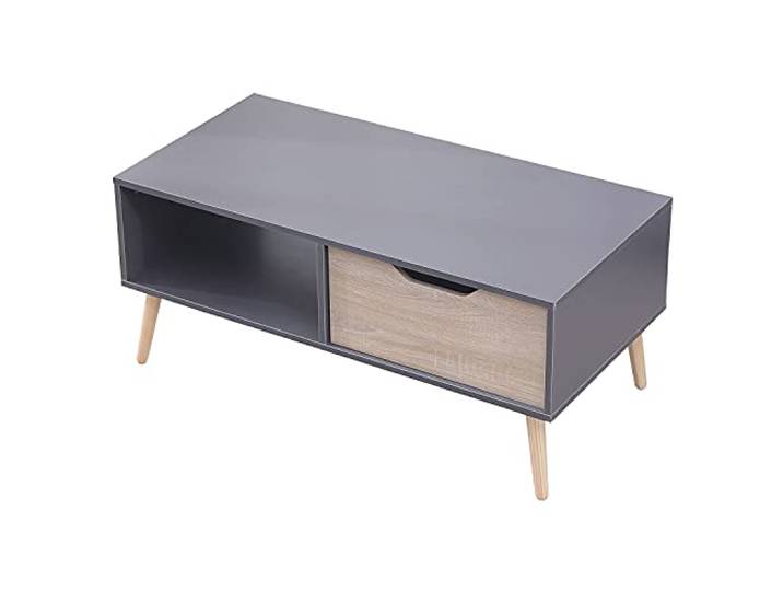 Salontafel met lade grijs scandinavische stijl FREJA. Houten salontafel met opbergruimte. Rechthoekige tafel met houten poten.