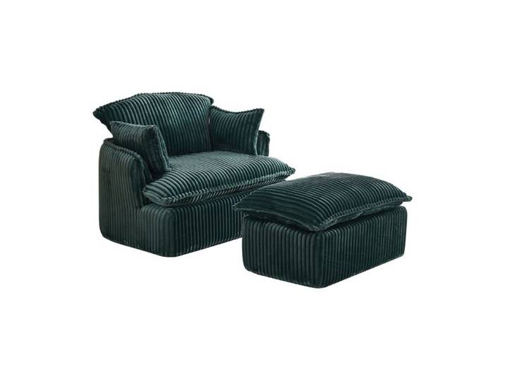 Canapé Compressé Monoplace Bergère en velours côtelé Rayé Vert - Canapé TV avec Pouf et Rembourrage épais en Mousse HR - Stable