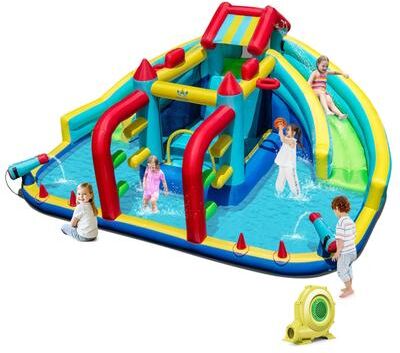 Outdoor Inflatable Castle w/Double Long Slide & Climbing Wall
