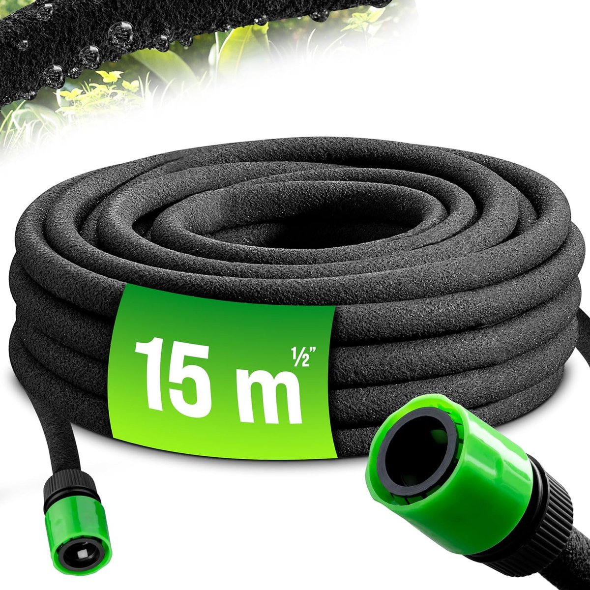 15 meter Druppelslang voor bovengrondse en ondergrondse irrigatie met T-stukken, 1/2 inch, zwart PVC